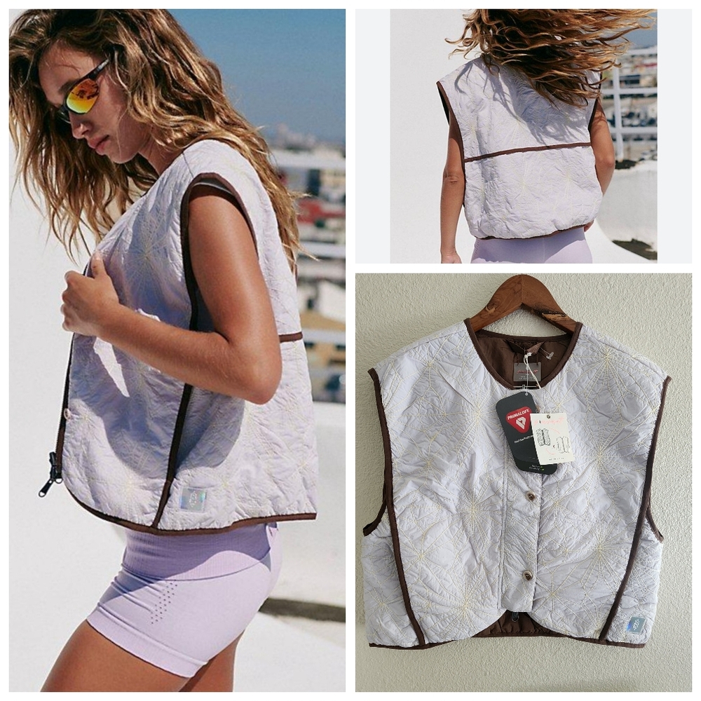 Free People Quilted White Vest with Brown Trim